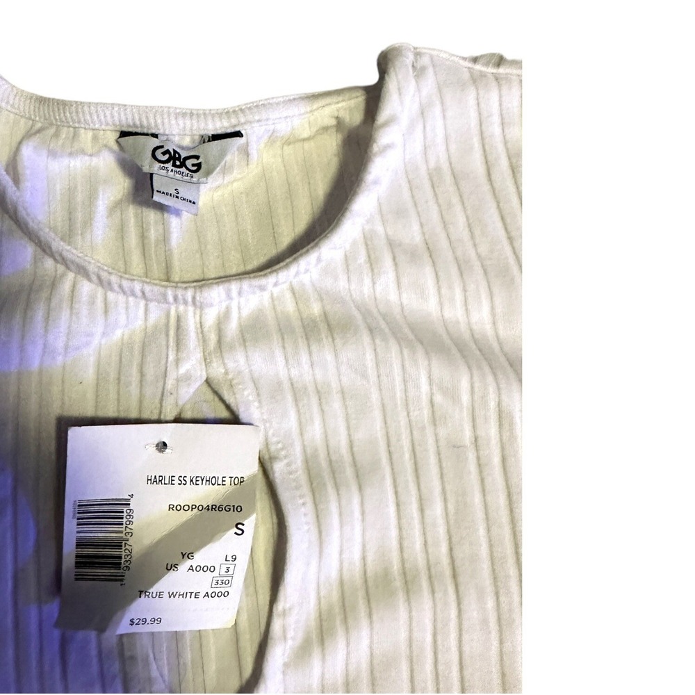 GBG Los Angeles Ribbed Keyhole Crewneck Short Sleeve Top Cream Ivory NWT Small - Picture 4 of 8